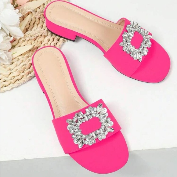 Women Rhinestone Decor Mule Sandals, Corduroy Chunky Heeled Glamorous Sandals - Picture 3 of 4